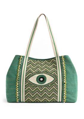 Emerald Evil Eye Embellished Tote Bag, Cotton
