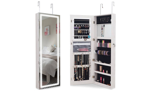 Door Wall Mount Touch Screen Led Light Mirrored Jewelry Cabinet Storage White