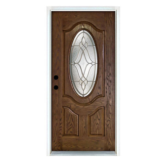 Doors 36 In. X 80 In. Andaman Medium Oak Right-Hand Inswing 34 Oval Lite Decorative Fiberglass Prehung Front Door