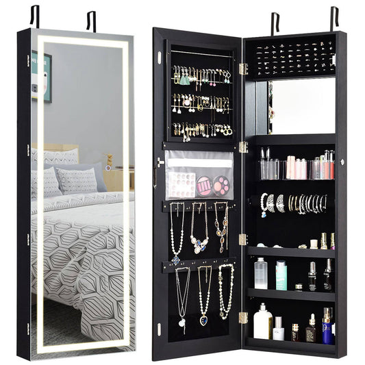 Door Wall Mount Touch Screen Led Light Mirrored Jewelry Cabinet Storage Black