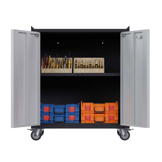 Doors Rolling Adjustable Shelves Metal Storage Cabinet Black/Grey For Garage Utility Room