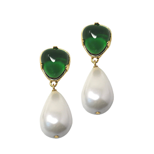 Emerald Top With Pearly Drop Clip Earrings Gold